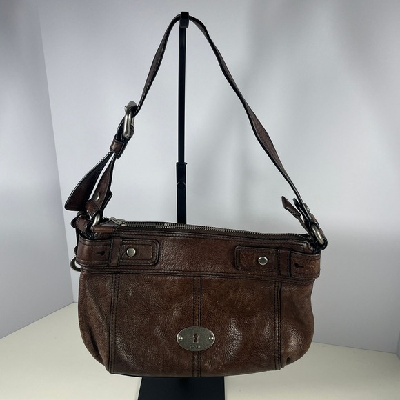 Fossil Maddox Shoulder Bag Brown Textured Leather Pockets Boho Y2K